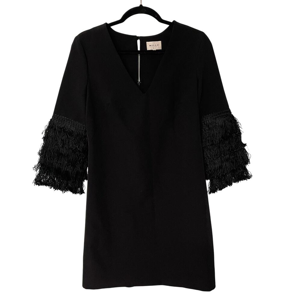 Milly Black Dress Fringe Sleeves V Neck Size 4 LBD Knee Length